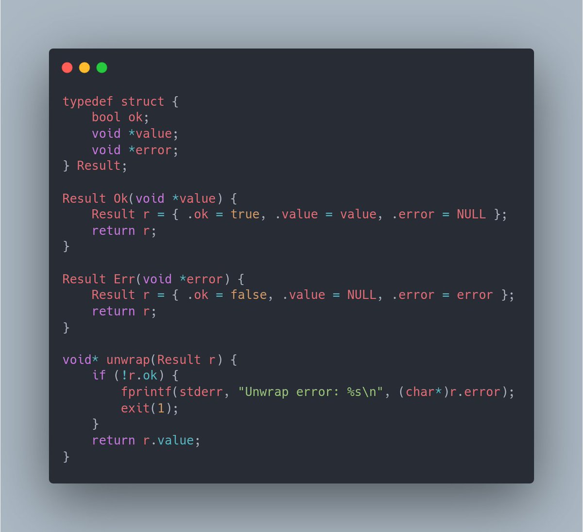 devabram's tweet image. By popular demand, I&apos;ve implemented unwrap() in C, so every codebase can now segfault in production with typesafety.