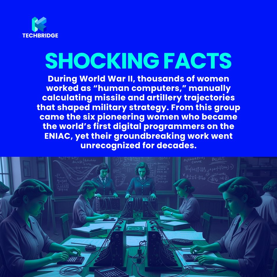 KTechbridge's tweet image. Shocking fact:
The world’s FIRST digital programmers were women, the ENIAC team, but they never got credit for decades.

Women built the foundation of modern computing.
It’s time the world recognized it.

Share to inspire a woman.