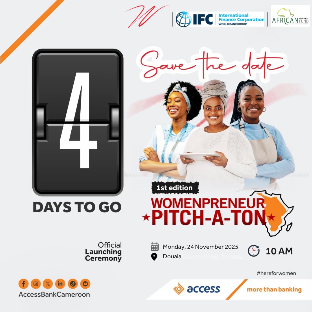 AccessBankCmr's tweet image. Only 4 days left until we officially launch the Access Bank Cameroon’s Womenpreneur Pitch-A-Ton!
Great things are coming for women with big ideas and bold dreams.
---

Plus que 4 jours avant le lancement Womenpreneur Pitch-A-Ton de Access Bank Cameroon!
De belles opportunités…