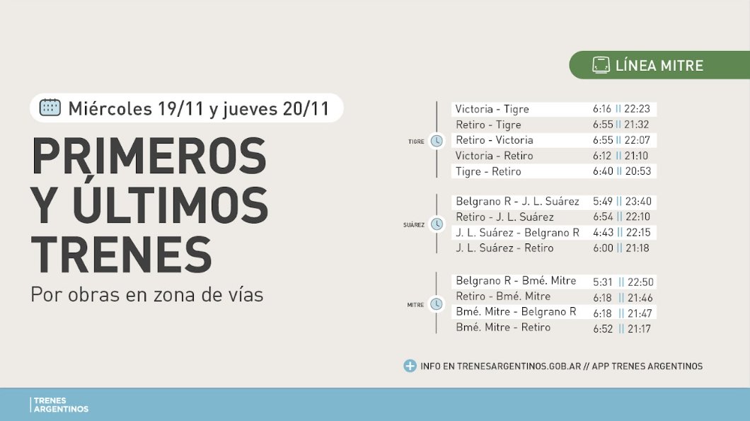 ⚠️#TrenMitre

🚧 Por obras en zona de vías

 👉Los últimos servicios de hoy jueves 20/11 de los ramales #Tigre, #Mitre y #Suárez circularán con modificaciones en sus horarios.

📲 Más info en argentina.gob.ar/transporte/tre… y en la app Trenes Argentinos.