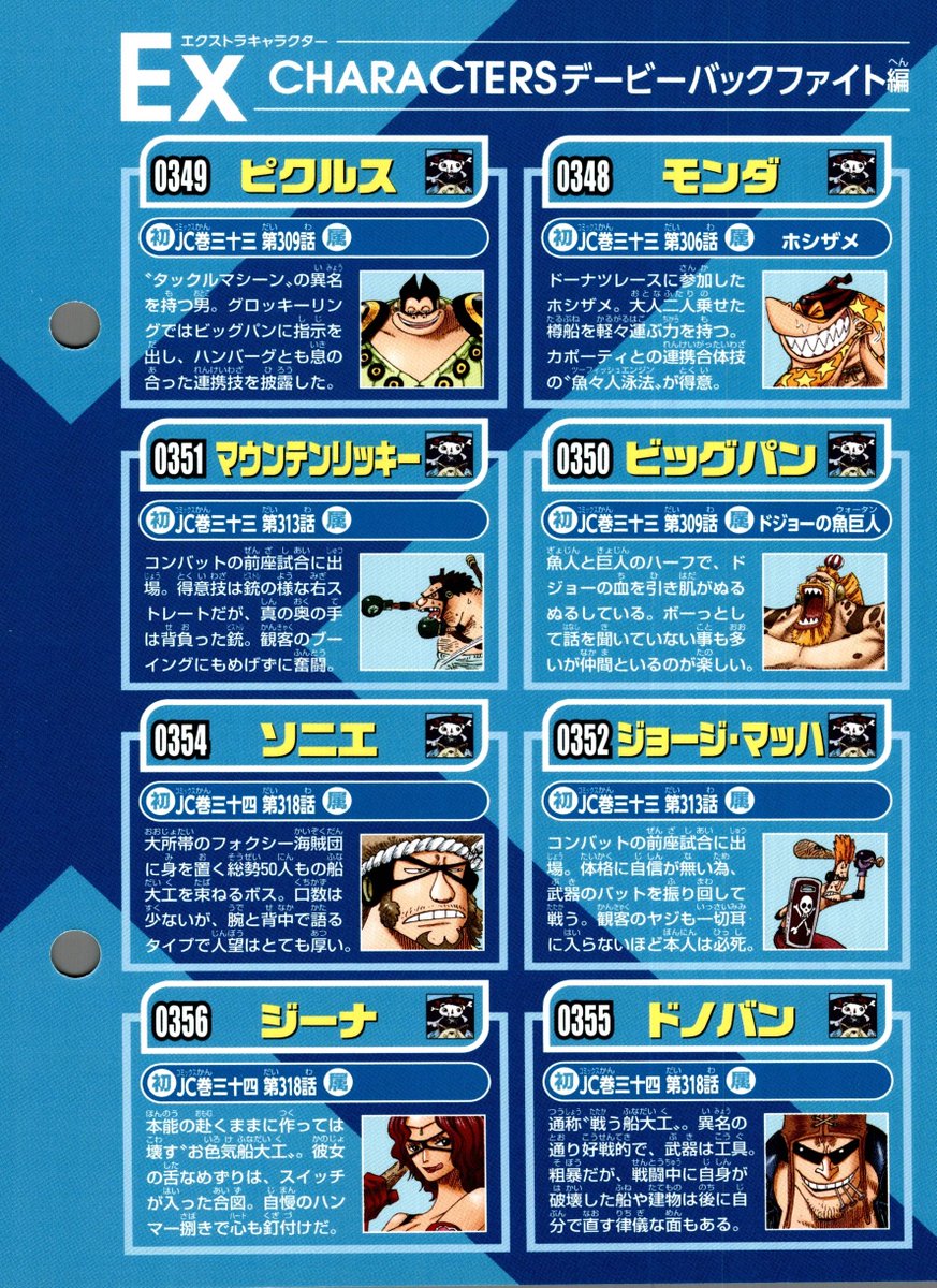 One Piece Vivre Card:
· Extra Characters - Davy Back Fight Arc (part 1)
· 0341 - Porche
· 0343 - Hamburg
· 0344 - Kibagaeru
· 0345 - Itomimizu
· 0346 - Chuchun
· 0347 - Capote