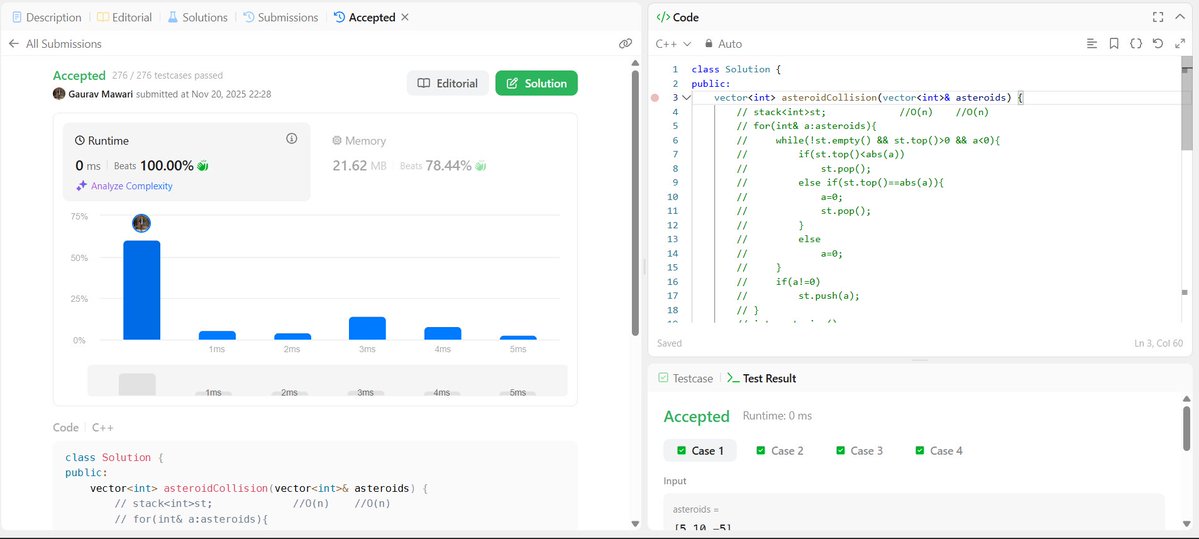 gauravmawari18's tweet image. 🌟 Day 230/∞ 🚀
Solved Asteroid Collision ☄️💥
💡 Used a stack to simulate collisions — handled left-moving vs right-moving asteroids with size comparisons until stable.
Time Complexity: O(n) | Space: O(n) ⚡

#LeetCode #DSA #Stack #Simulation #CodeEveryday #KeepCoding
