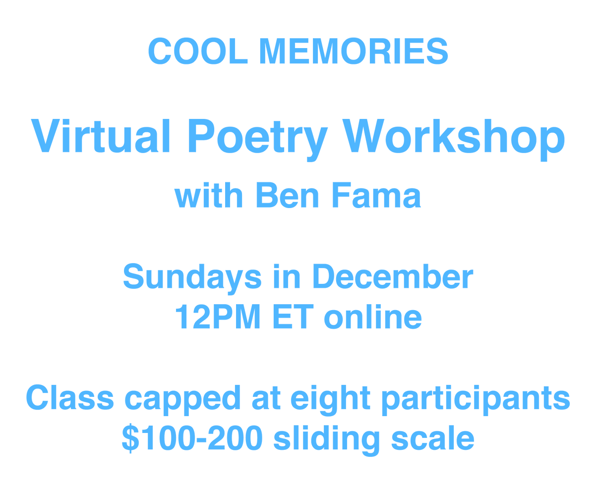There is one seat left in my December poetry workshop. If you are Sundays free and want to talk about poetry, hit me up (DM). We meet starting Dec 7, 12pm ET online for four weeks.