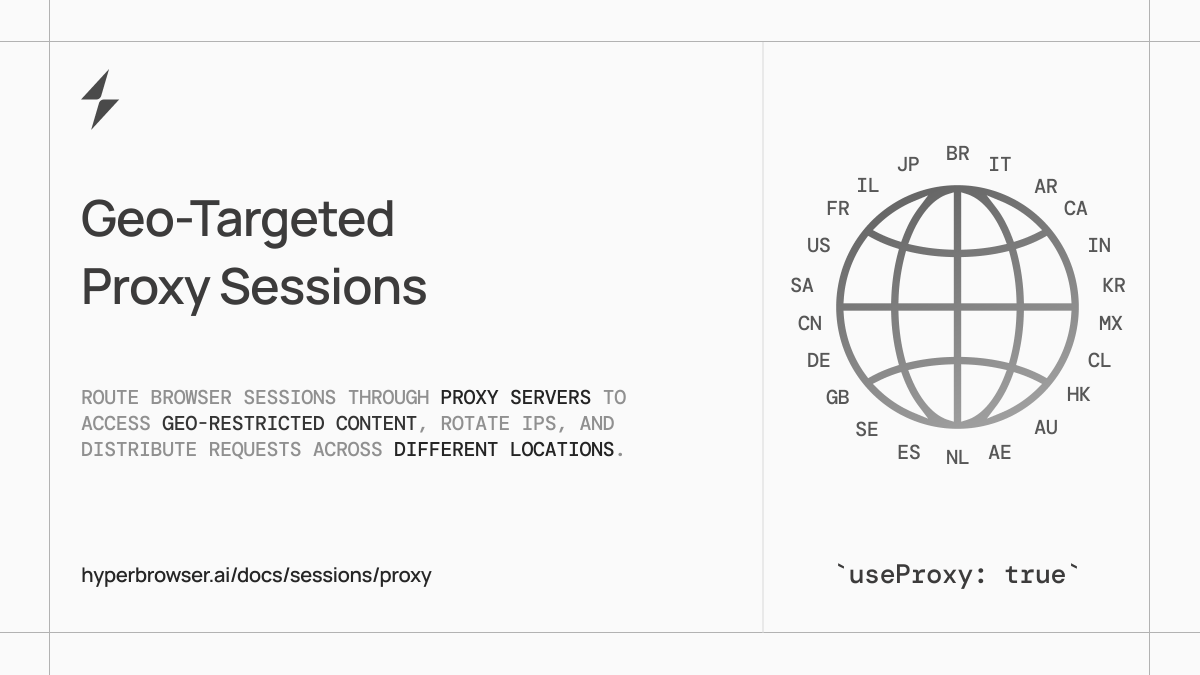 hyperbrowser's tweet image. Hyperbrowser makes proxy routing incredibly simple.

Turn on useProxy and your browser session instantly runs through managed proxy networks for clean geo-targeted automation, IP rotation, and access to geo-restricted content.