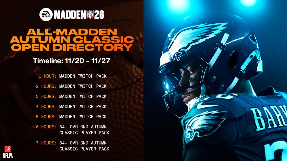 EASPORTS_MUT's tweet image. The Autumn Classic Open Directory is officially LIVE! 🍁

Connect your EA &amp;amp; Twitch accounts to earn rewards all week long just by watching your favorite #Madden26 streamers