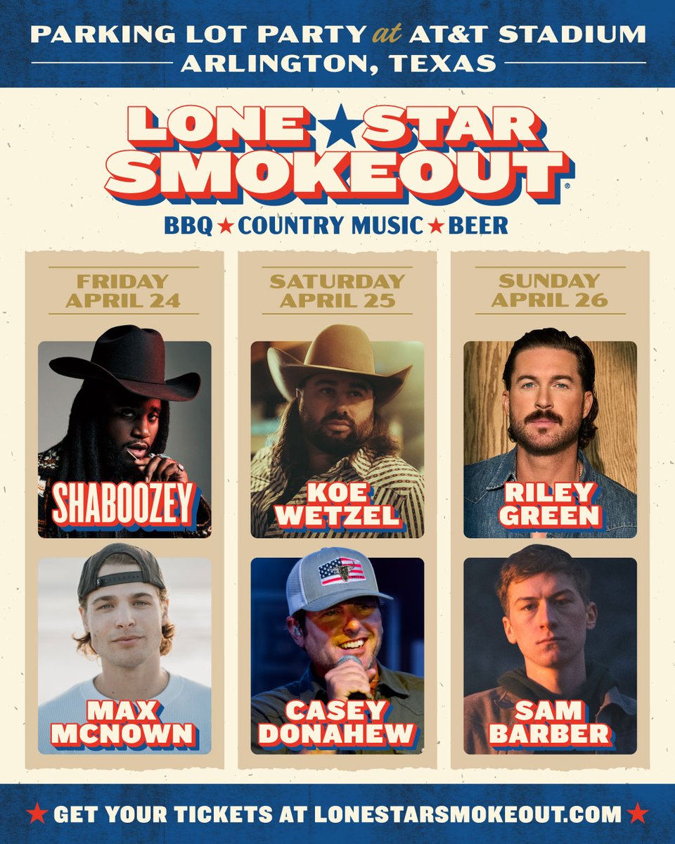LoneSmokeout's tweet image. They’re LIVE! 🙌 Lock in your single-day tickets at the lowest price now.

Shaboozey, Riley Green, Koe Wetzel, Max McNown, Sam Barber, Casey Donahew… and more on the way.

Grab your tickets: lonestarsmokeout.com/tickets
