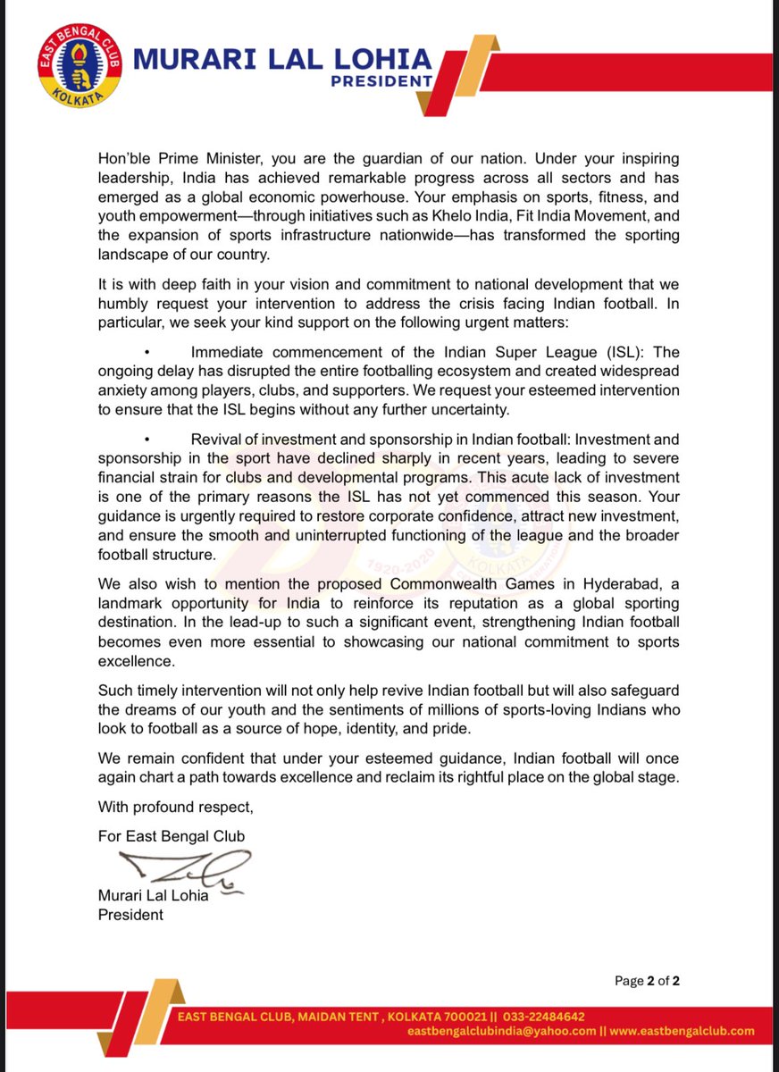 East Bengal FC have written to the Hon’ble Prime Minister, issuing an “Urgent Appeal for Intervention to Revive Indian Football.”

#IndianFootball #EastBengal #SaveIndianFootball