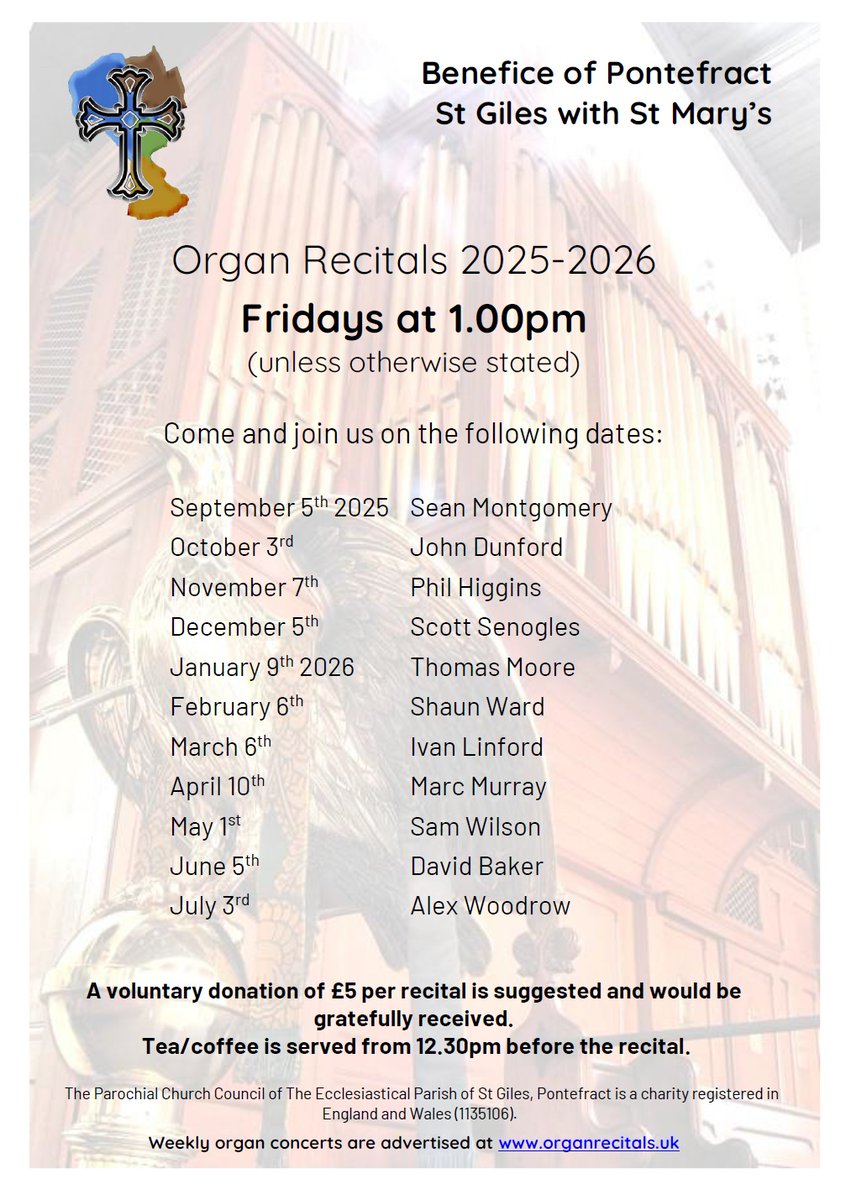 CofEPontefract's tweet image. The next St Giles&apos; #organrecital is taking place on Friday 5th December starting at 1pm. All welcome! #Pontefract @PontefractCivic @LeedsCofE @churchofengland