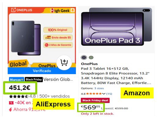 nosoymvz's tweet image. ¿Mirando la OnePlus Pad 3 Tablet 16+512GB?
569,05 € en Amazon, 451,20 € en AliExpress
Ahorra dinero — tú eliges.
#AliExpressVsAmazon #AliExpress #MarcasMás