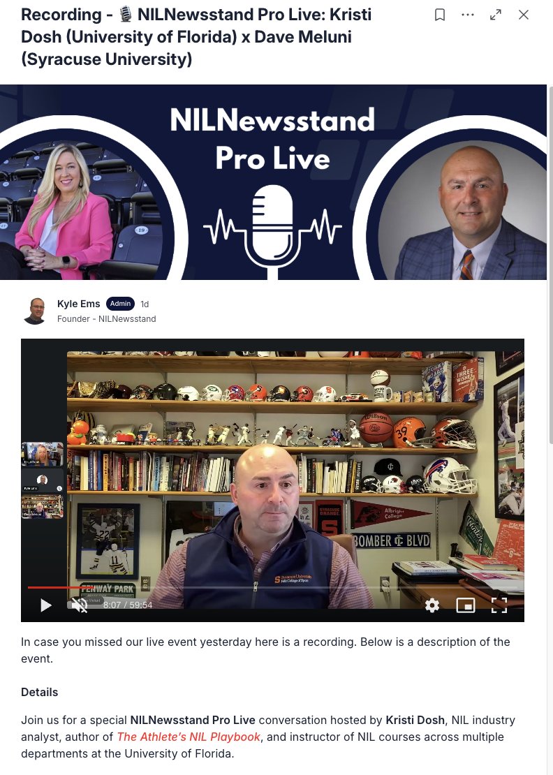 Thank you <a href="/NILNewsstand/">NILNewsstand</a>  for having me as a guest on the latest episode of Pro Live with <a href="/SportsBizMiss/">Kristi Dosh</a>! We had a fantastic discussion about the academic side of NIL and how both of us approach teaching NIL. You won’t want to miss our chat!

💲🔗nilnewsstand.com/nil-community