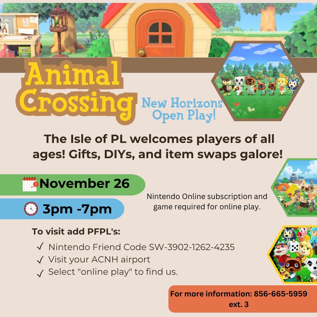 pennsaukenlib's tweet image. Animal Crossing – Fall Edition
Join us Nov 26, 3–7 PM from home! DIYs, furniture &amp;amp; clothing swaps await. Add PFPL: SW-3902-1262-4235, visit via airport &amp;gt; online play. Nintendo Online &amp;amp; game required.
#NintendoSwitch #ACNH #LibraryPrograms #OnlineGames