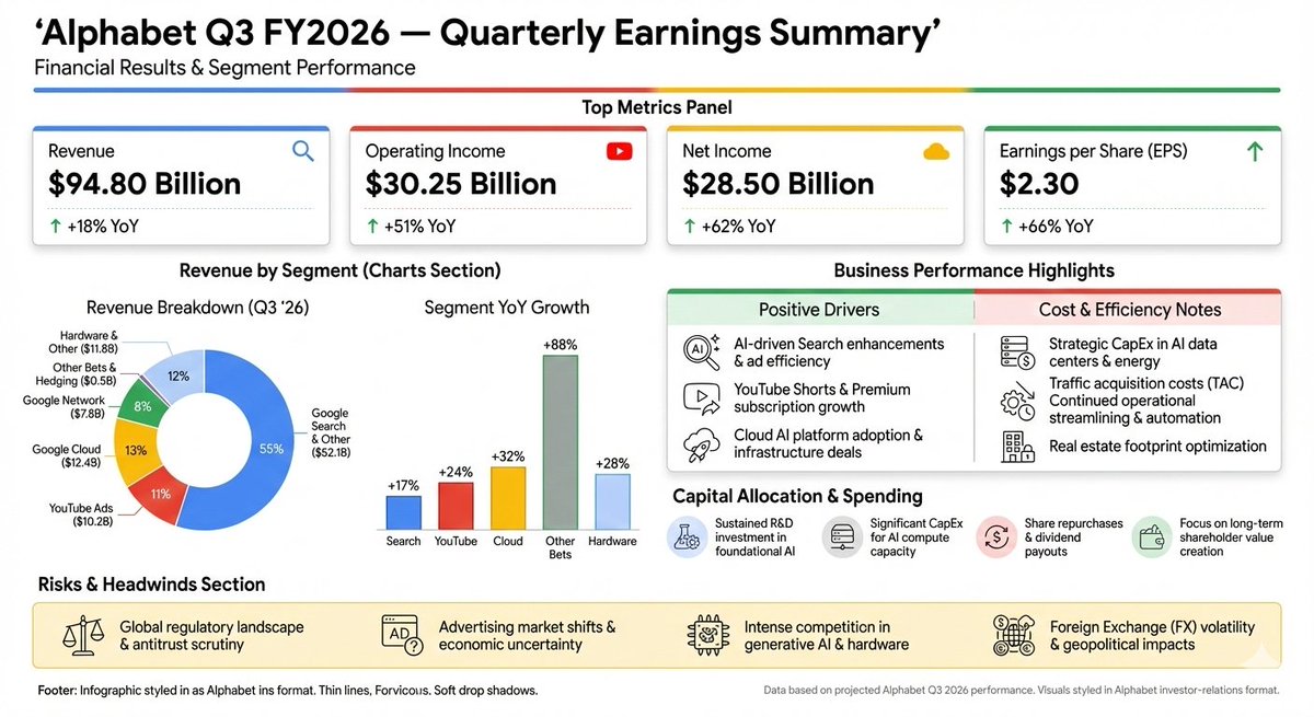 abhishek__AI's tweet image. Nano Banana Pro read Google’s whole Q3 earnings report and generated this infographic.

Nothing compresses information like this🔥