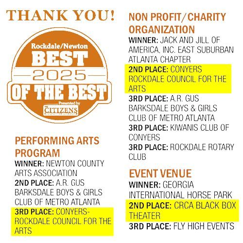 CRCArts's tweet image. Thank you for voting Conyers Rockdale Council for the Arts in the Rockdale/Newton Best of the Best 2025! Excited to see your votes in these categories:
Nonprofit/Charity Organization: 2nd Place
Event Venue: 2nd Place
Performing Arts Program: 3rd Place
Thank you for supporting us!