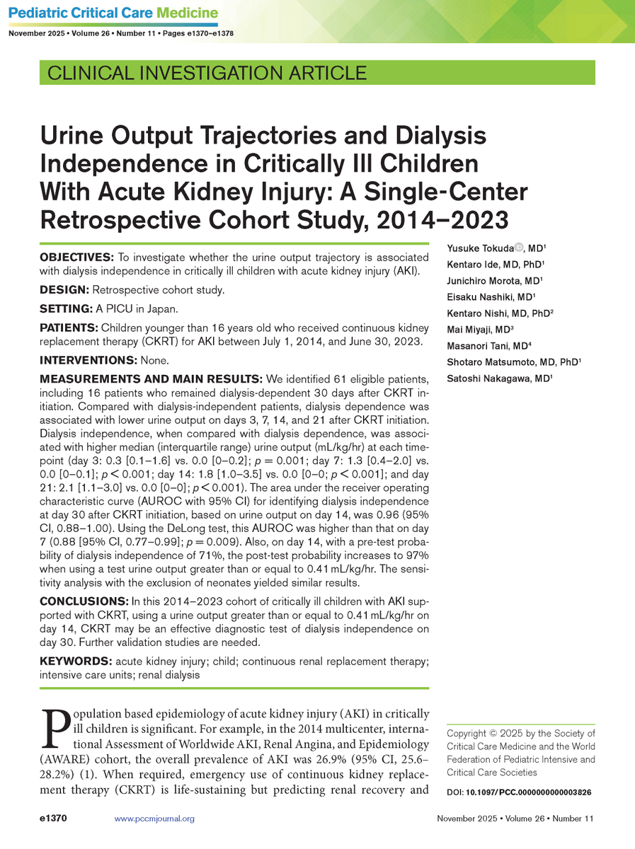 PedCritCareMed's tweet image. 🔍 Urine output is a potentially accurate predictor of dialysis independence on day 30 after starting continuous kidney replacement therapy for acute kidney injury in the PICU.

📖 Read the research in PCCM: ow.ly/J7qF50Xunog

#PedsICU #SCCM @SCCM