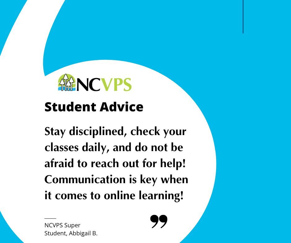 ncvps's tweet image. Wise words from one of our students! Remember, staying disciplined and communicating regularly can make all the difference in your online learning journey. 📲✨ 

#OnlineLearning #StudentSuccess #NCVPS