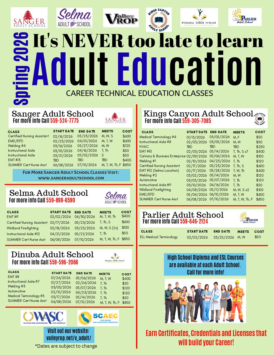 statecenteraec's tweet image. ✨ It’s NEVER too late to learn! 📚
Spring 2026 Adult Education classes are open across Sanger, Selma, Kings Canyon, Dinuba &amp;amp; Parlier.

CTE courses include CNA, Welding, EMT, HVAC, Instructional Aide &amp;amp; more!

Start your career journey today!

#AdultEducation #CTE #Spring2026