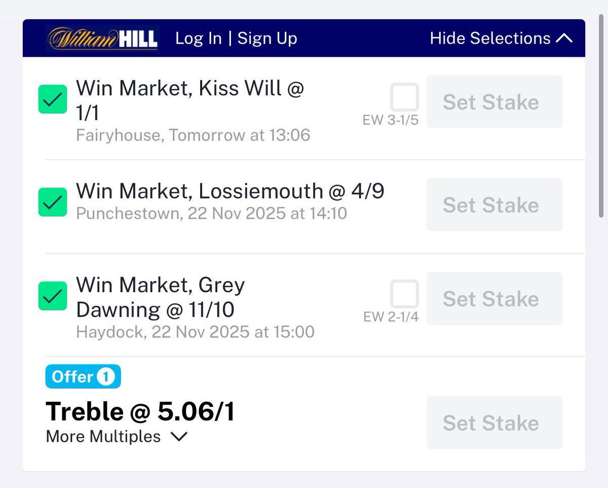 Happy to play this weekend treble👍🏽 

Got a 4/1 cover on Irancy incase somehow lossie is beat, Kiss Will &amp; Grey Dawning both should be winning tbh