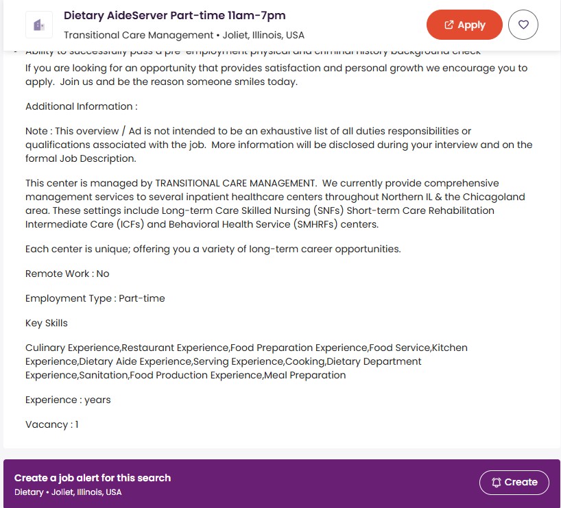 ScamFinderSam's tweet image. There&apos;s a vacancy for a job opening at Joliet Terrace for a Dietary Aide/Server, one of the job descriptions is bringing meals to someone that is confined to their room. Something scammer says they REFUSE to do there, and one of her reasons she&apos;s used for needing DoorDash. 🤥