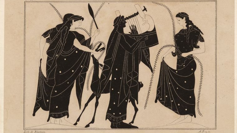 ClassicalMyths's tweet image. Apollo plays the kithara accompanied by three of the Muses. 19th century lithographic print. Photo: NYPL Digital Collections.