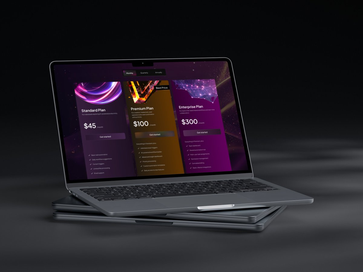 Hercoder556's tweet image. A premium AI Productivity Pricing Page blending clean UI with MidJourney-generated background visuals.

Focused on:
— Clear pricing hierarchy
— Visual depth that supports the content, not competes with it

If you want standout product UI, I’m currently available for new projects.