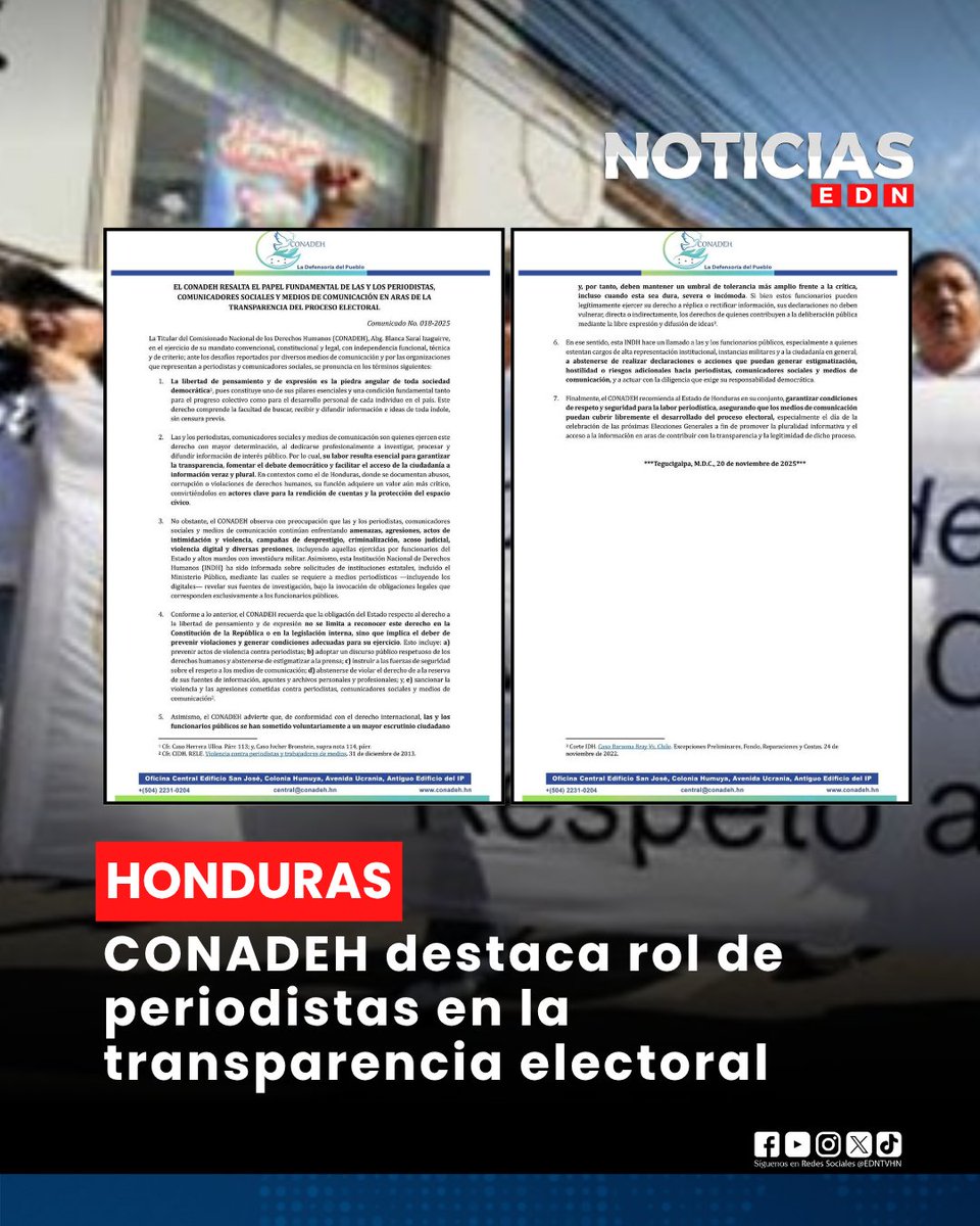 EDNTVHN's tweet image. #NoticiasEDN CONADEH destaca rol de periodistas en la transparencia electoral

La institución de Derechos Humanos, llama a garantizar seguridad y libertad de prensa frente a amenazas y presiones.

#CONADEH #DDHH #Periodistas #EDNTV