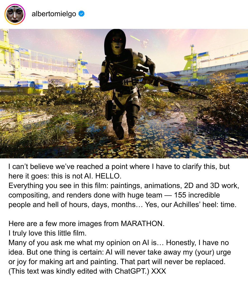 skaamit's tweet image. Прилетело даже по Альберто Мьельго и ему пришлось оправдываться, что короткометражка «Marathon» – не нейросеть. Ха. 

↓

#AlbertoMielgo #AI