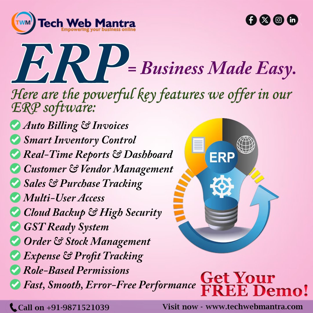 techwebmantra2's tweet image. Boost your business with Tech Web Mantra’s powerful ERP! 🚀

From smart billing to real-time reports, inventory control &amp;amp; cloud security — manage everything in one place.
Get your FREE demo today!

👉 techwebmantra.com
#ERP #BusinessGrowth #automationprogram