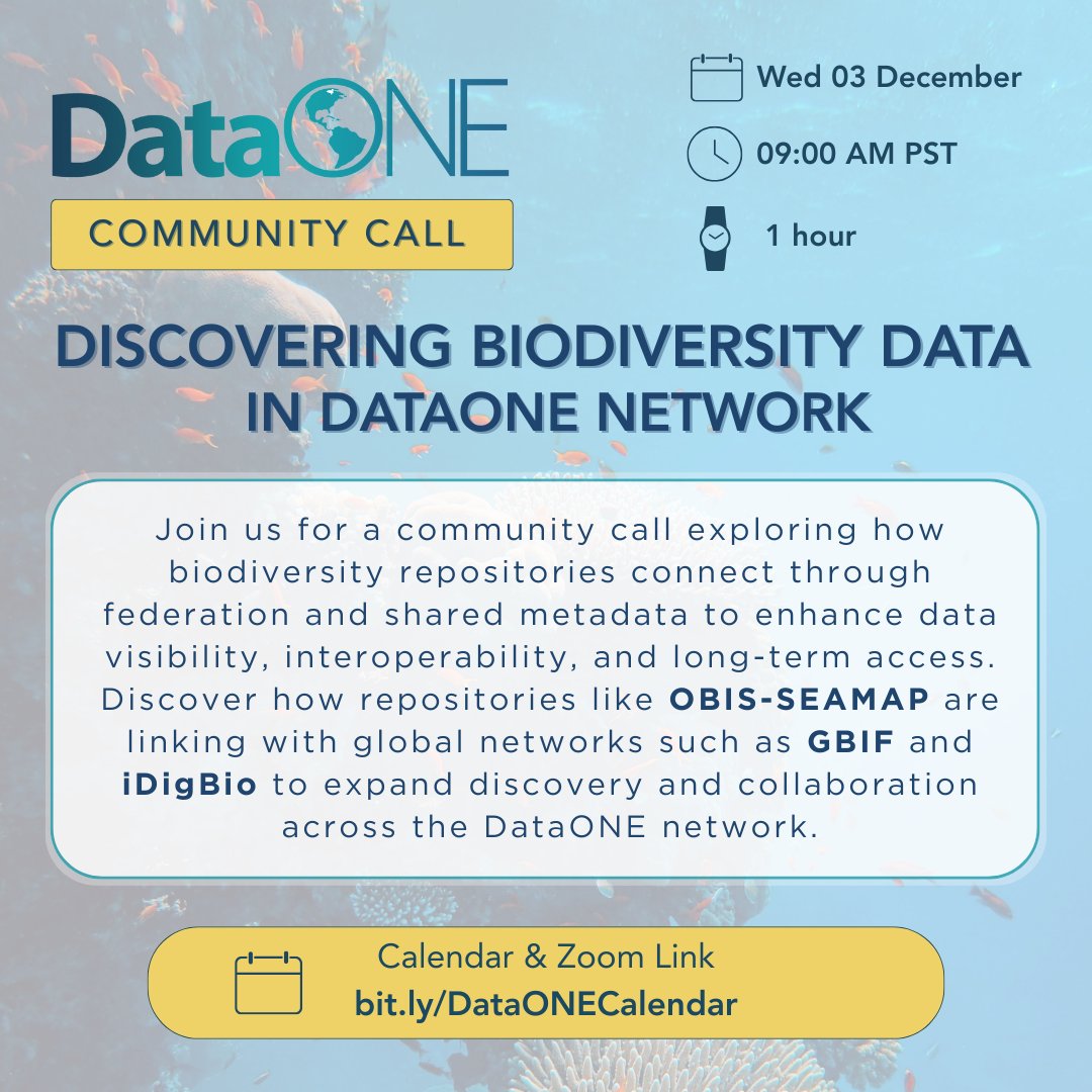 ucsb_nceas's tweet image. REMINDER: Join the next DataONE Community Call on Wednesday, Dec. 3 at 9 AM PST! 🍃 They’ll dive into how connected repositories and shared metadata open up biodiversity data for easier discovery and long-term use. 

🔗Add to your calendar: bit.ly/DataONECalendar