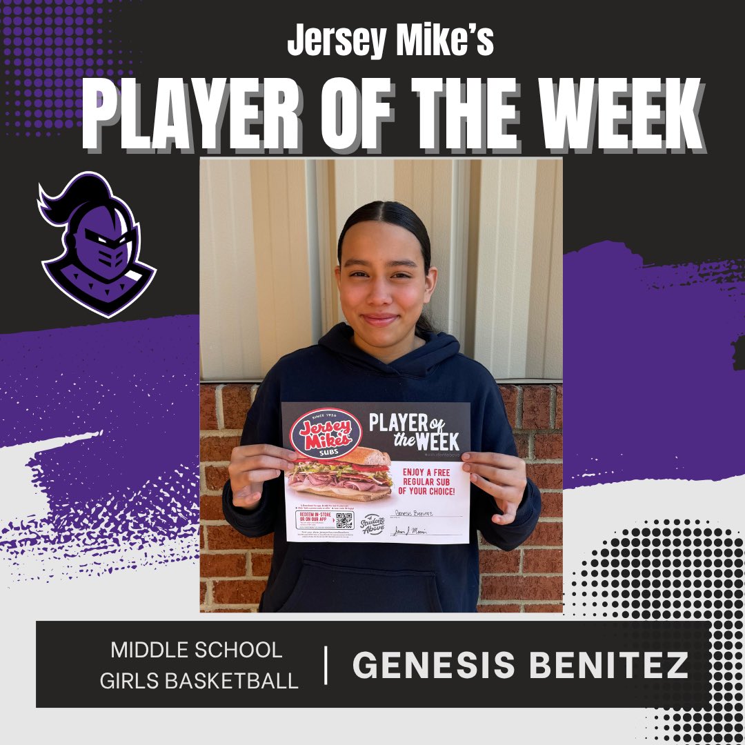 Congratulations to middle school girls basketball player Genesis for being Jersey Mike’s Player of the Week! Genesis works hard, and supports her teammates on and off court. She is always willing to do what is asked and try her best! Way to go! ⚔️ #astudentabove