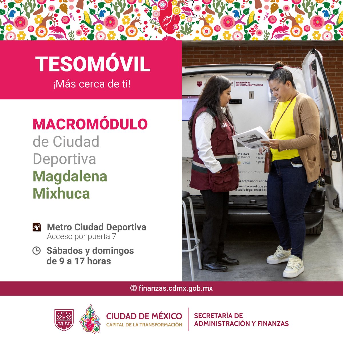 Visita el #Tesomóvil en el Macromódulo de Ciudad Deportiva Magdalena Mixhuca. 
📅 Sábados y domingos de 9 a 17 horas. 
Haz tus pagos de #LicenciaPermanente y realiza todo el trámite en un sólo lugar.🧾🚙
#TesomóvilCercaDeTi