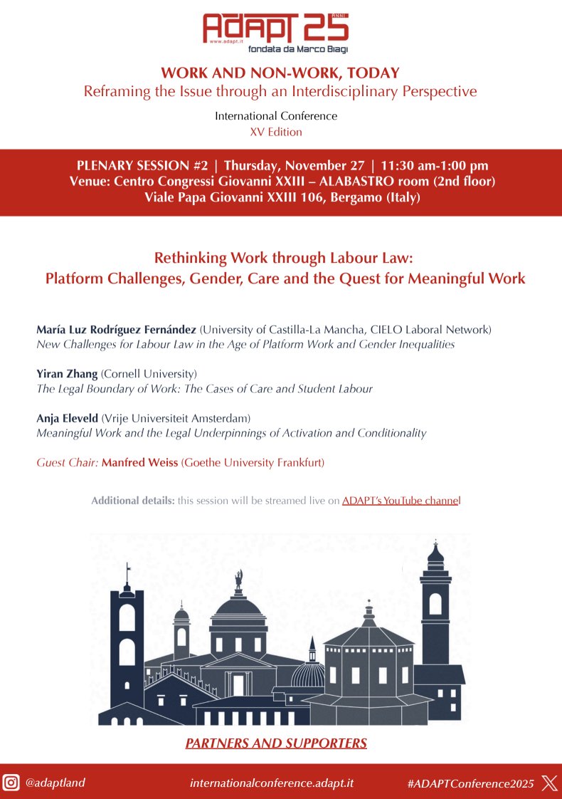 ADAPT_bulletin's tweet image. #ADAPTConference2025 Plenary #2 is one week away! Rethinking Work through #LabourLaw: Platform Challenges, Gender, #Care and the Quest for #MeaningfulWork. Join us: register now &amp;amp; follow live on YouTube!
🔗 Registration: internationalconference.adapt.it/registration/
📺 YouTube: youtube.com/@adaptchannel