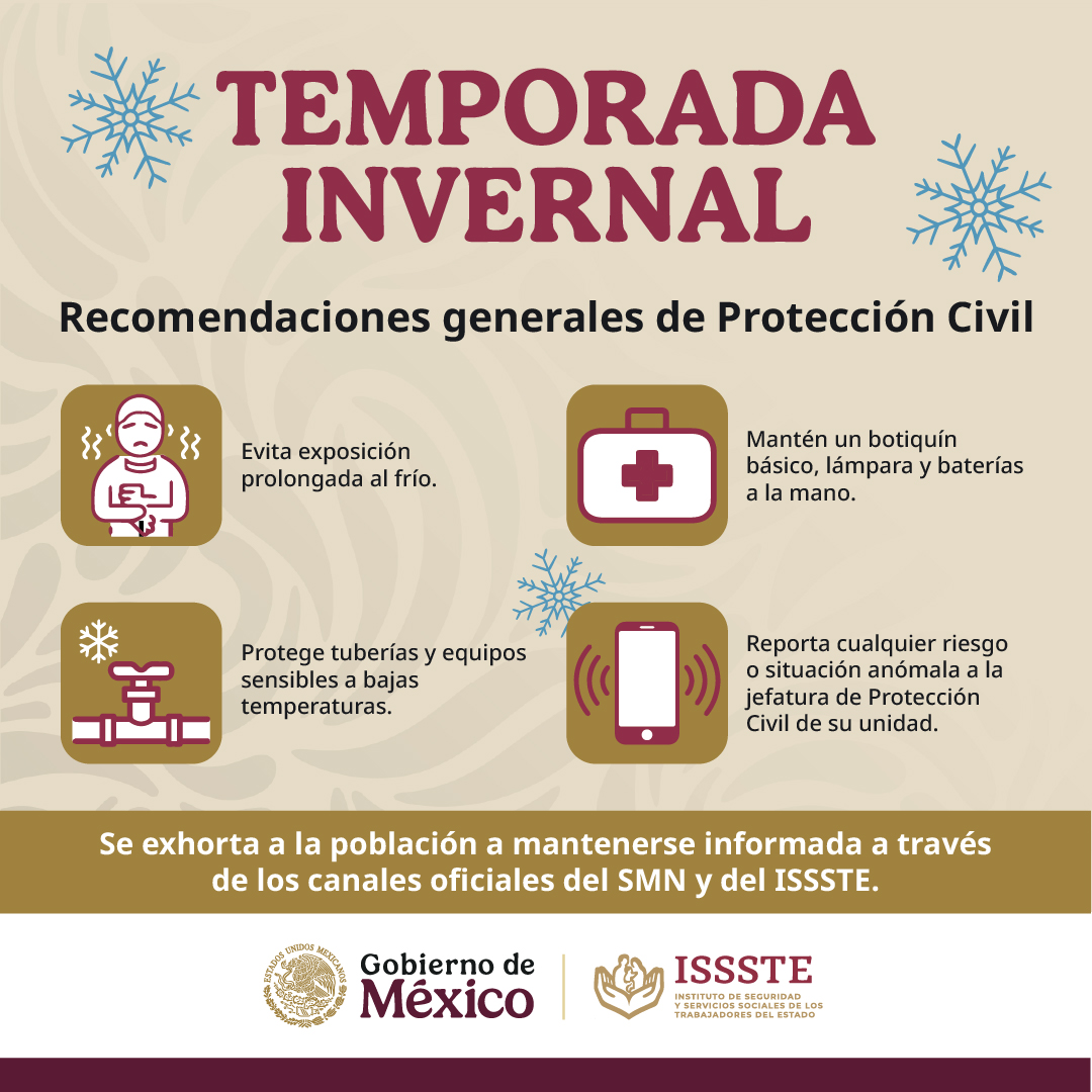 IsssteDurango's tweet image. El frío ya llegó ❄️💨
Evita riesgos esta temporada invernal: abrígate bien, revisa tus instalaciones, mantén un botiquín a la mano y cuida especialmente a niñas, niños, adultos mayores y personas con enfermedades crónicas.