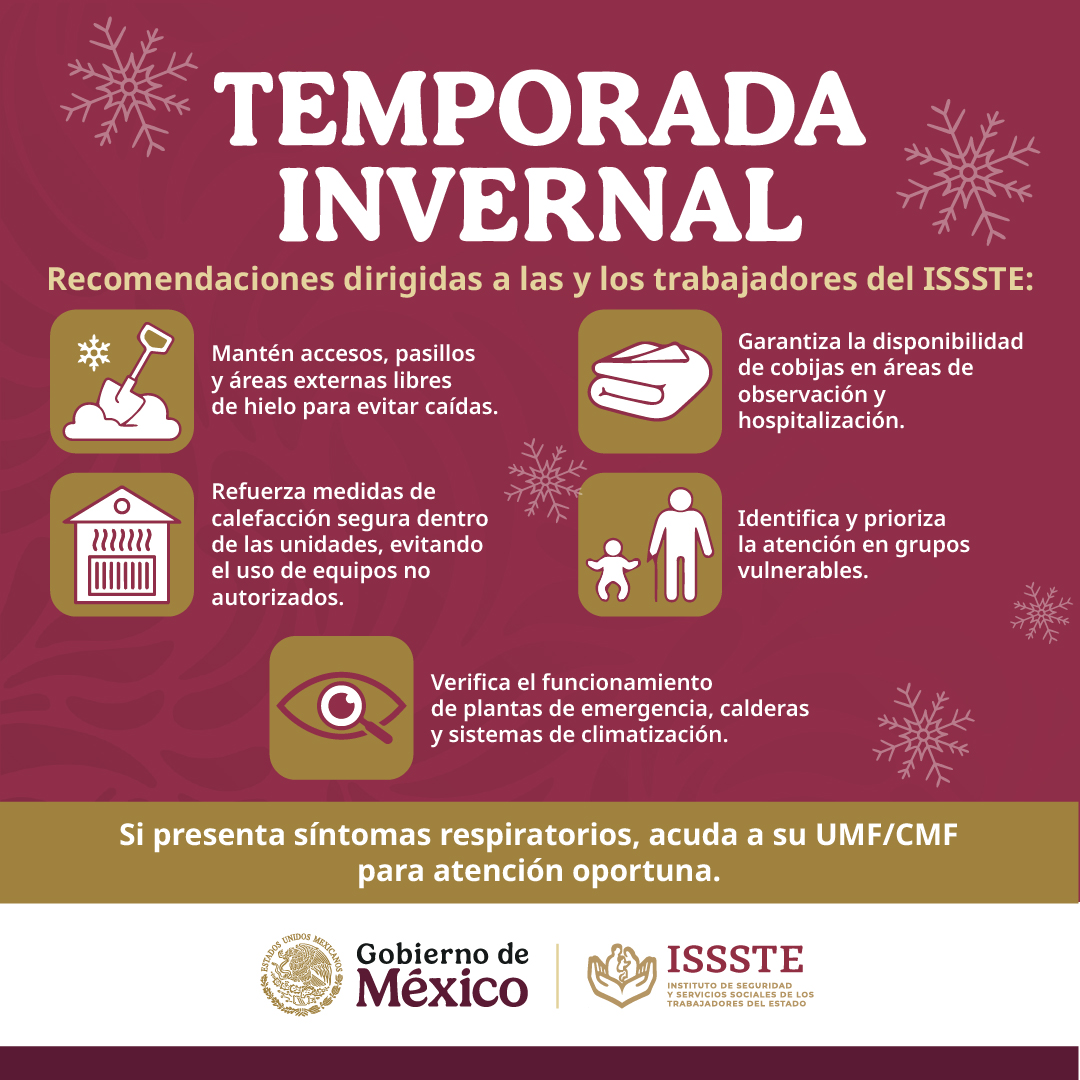IsssteDurango's tweet image. El frío ya llegó ❄️💨
Evita riesgos esta temporada invernal: abrígate bien, revisa tus instalaciones, mantén un botiquín a la mano y cuida especialmente a niñas, niños, adultos mayores y personas con enfermedades crónicas.