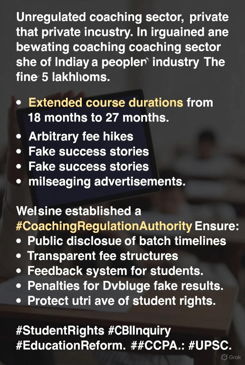 BoldTruthSpeak's tweet image. भारत में प्राइवेट कोचिंग अनरेगुलेटेड हो चुकी है—18 महीने का कोर्स 27 महीने तक, मनमानी फीस, फर्जी रिज़ल्ट और गलत विज्ञापन अब सिस्टम बन गया है। DRISHTI IAS पर 5 लाख का जुर्माना इसका उदाहरण है। अब #CoachingRegulationAuthority ज़रूरी है। शिक्षा लूट नहीं हो सकती। #UPSC #CCPA #cbi