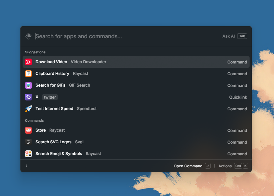 اخيراً اداة Raycast أحد أقوى أدوات الماك اليوم توفرت مجاناً للجميع على الويندوز في متجر مايكروسوفت.

الاداة عبارة عن محرك بحث ذكي تقدر تستخدمه لأمور كثيرة غير البحث مثل: تحميل مقاطع اليوتيوب، تحويل صيغ مقاطع الفيديو، فحص سرعة الانترنت، الترجمة، تحويل العملات وغيرها الكثير...
