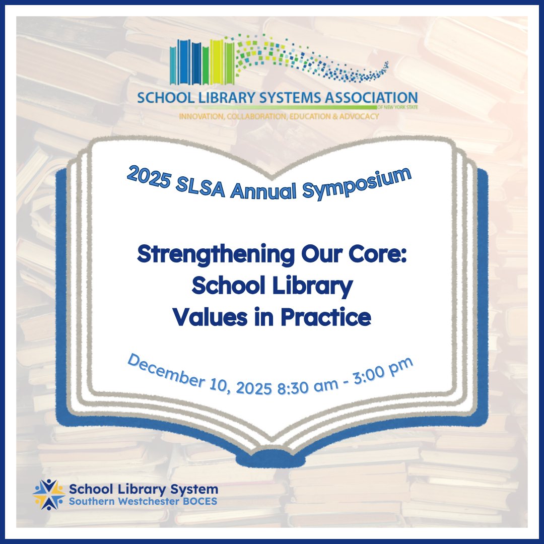 swbocesplcs's tweet image. On 12/10/25, SWBOCES &amp;amp; PLCS hosts the annual SLS Symposium, &quot;Strengthening Our Core: School Library Values in Practice.&quot; We&apos;ll welcome ALA President Sam Helmick to the event spotlighting equity, intellectual freedom &amp;amp; student-centered learning.
#swbocesplcssls #SLSA #swbocesplcs