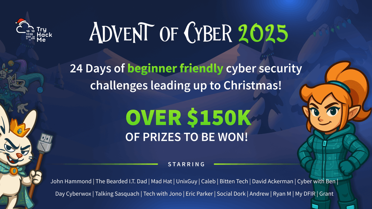 tryhackme's tweet image. Mission #1 has dropped.
And the official Advent of Cyber landing page is LIVE 🎄😉 

Starting 1st December, Advent of Cyber brings 24 days of FUN, beginner friendly cyber challenges, that anyone can join, no matter your age, background or skill level. 🎁

To complete Mission #1:…