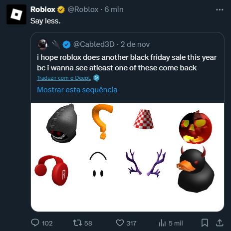 Roblox_RTC_BR's tweet image. Sale de Black Friday no Roblox? 👀