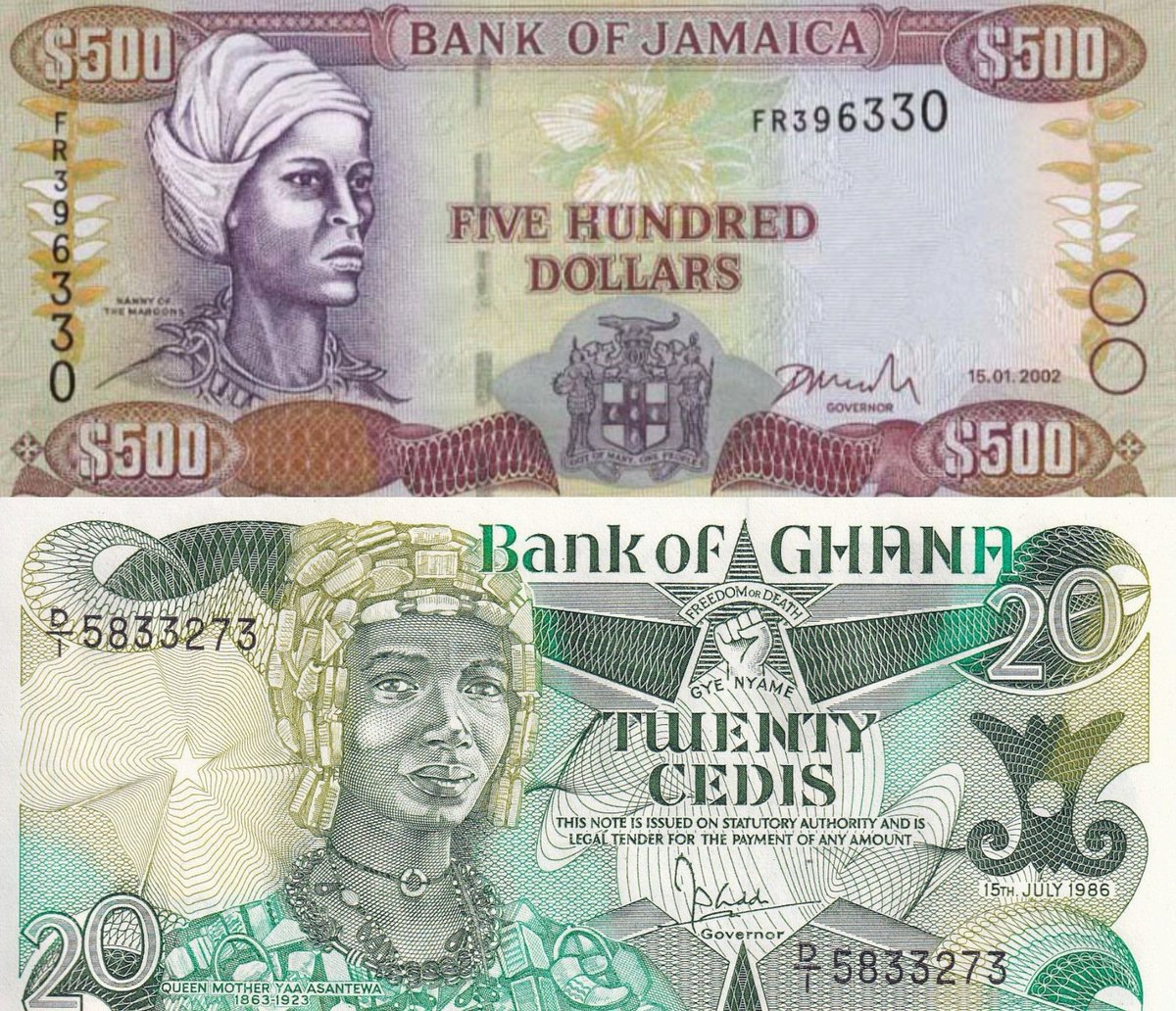 GeneralPorcupin's tweet image. Queen Nanny and Yaa Asantewaa on Jamaica’s and Ghana’s banknotes.