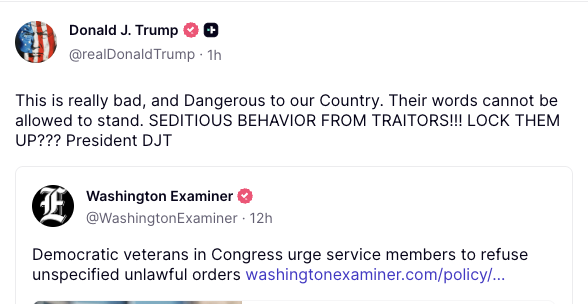 Ground_app's tweet image. Trump has demanded the arrest and trial of six Democratic members of Congress over a viral video urging troops to refuse illegal orders, calling their actions seditious and punishable by death on Truth Social.