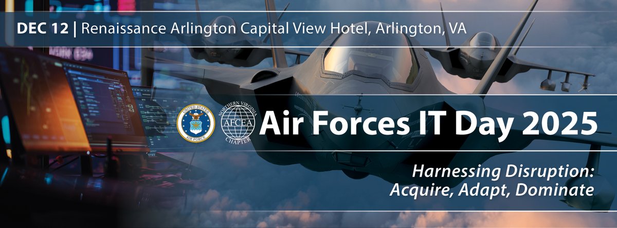Double the AFCEA fun on Dec 12! ✨

Going to our Winter Gala that night? <a href="/AFCEANOVA/">AFCEA NOVA</a> is hosting Air Forces IT Day earlier that day — so you can do both.

📅 Dec 12 • Arlington, VA
🚀 Harnessing Disruption: Acquire, Adapt, Dominate
🎟️ Register: afceanova.swoogo.com/AirForcesITDay…