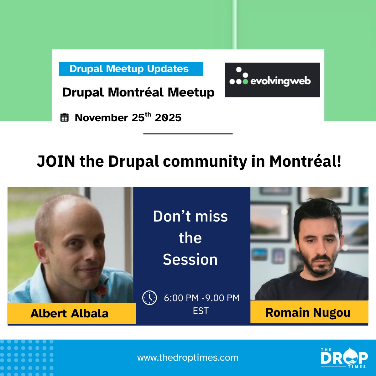 thedroptimes's tweet image. Join the Drupal community in Montréal! The Nov 25 meetup features Albert Albala and Romain N. Don’t miss the chance to connect and hear the latest Drupal updates. Hosted by Evolving Web. Details: bit.ly/3JDw6lc 
 More via TDT: lnkd.in/diiguUjD