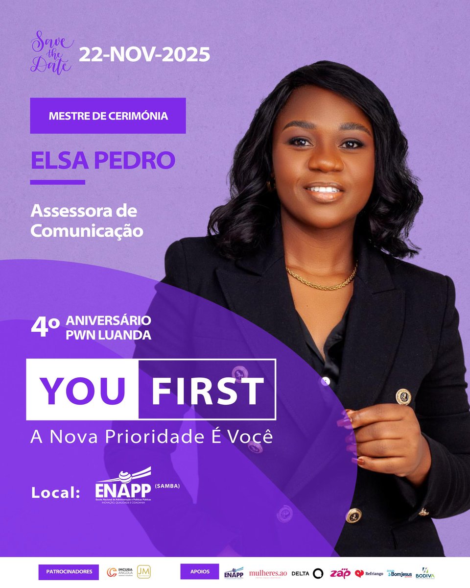 PWNLuanda's tweet image. ✨ Save the Date | 22 de Novembro de 2025 ✨

Inscrições: pwnluanda.net/evento-anual/

Para mais Informações entre em contacto com: 
pwnluanda@pwnluanda.net | +244 921 641 797

#PWN #Liderança #Empoderamento #Networking #YouFirst #Luanda #Inspiração