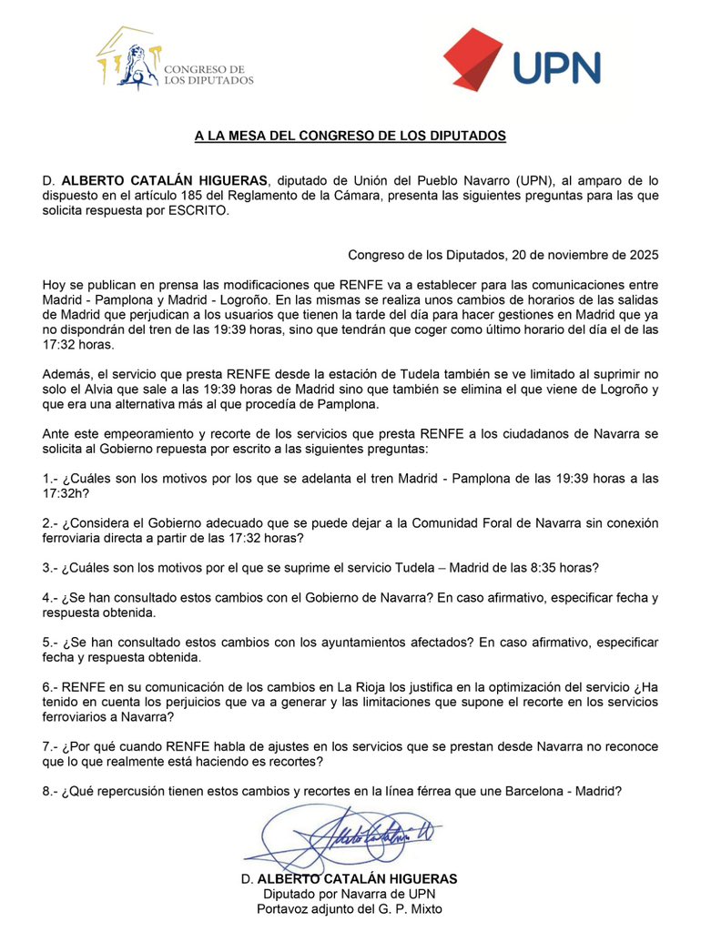 ⚠️ Vuelven los recortes en RENFE.

A partir del 14 de diciembre se recortan los servicios de RENFE en Navarra. 

Peores comunicaciones con Madrid desde Pamplona y Tudela.

Exigimos explicaciones. 👇