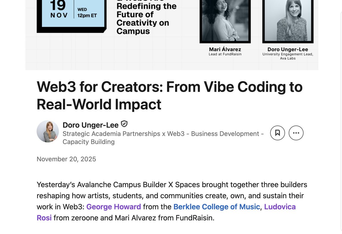 Just like we discussed on our <a href="/avax/">Avalanche🔺</a> campus builder x spaces yesterday - blockchain is creating opportunities for artist and disrupting an unfair, antiquated system. If you missed the spaces, you can read the key take-aways on LinkedIn: