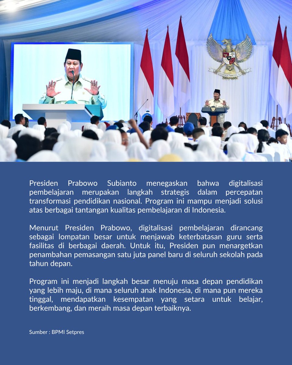 Presiden Prabowo meluncurkan Program Digitalisasi Pembelajaran untuk Indonesia Cerdas. Sebanyak 288.865 Interactive Flat Panel mulai didistribusikan, dengan 17.550 unit pertama tersalurkan. Langkah ini menandai percepatan transformasi pendidikan digital di seluruh Indonesia. 🇮🇩✨