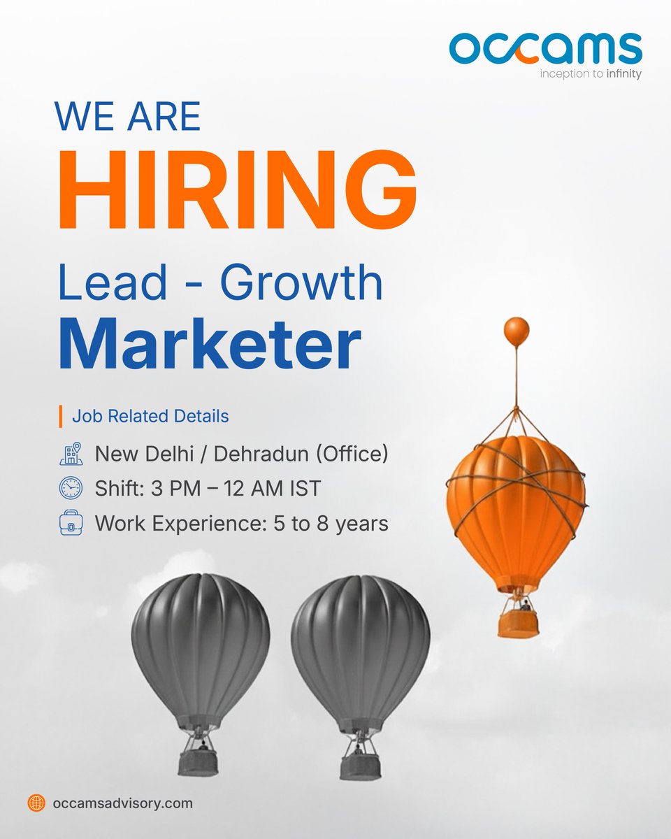 OccamsAdvisory's tweet image. We&apos;re hiring: Lead – Growth Marketer
📍 New Delhi / Dehradun
🕒 3 PM – 12 AM IST
💼 5–8 years of experience
Lead with strategy. Scale with data.

👉 Apply now: linkedin.com/jobs/view/4321…

#MarketingJobs #GrowthHacker #HiringAlert #LeadMarketer