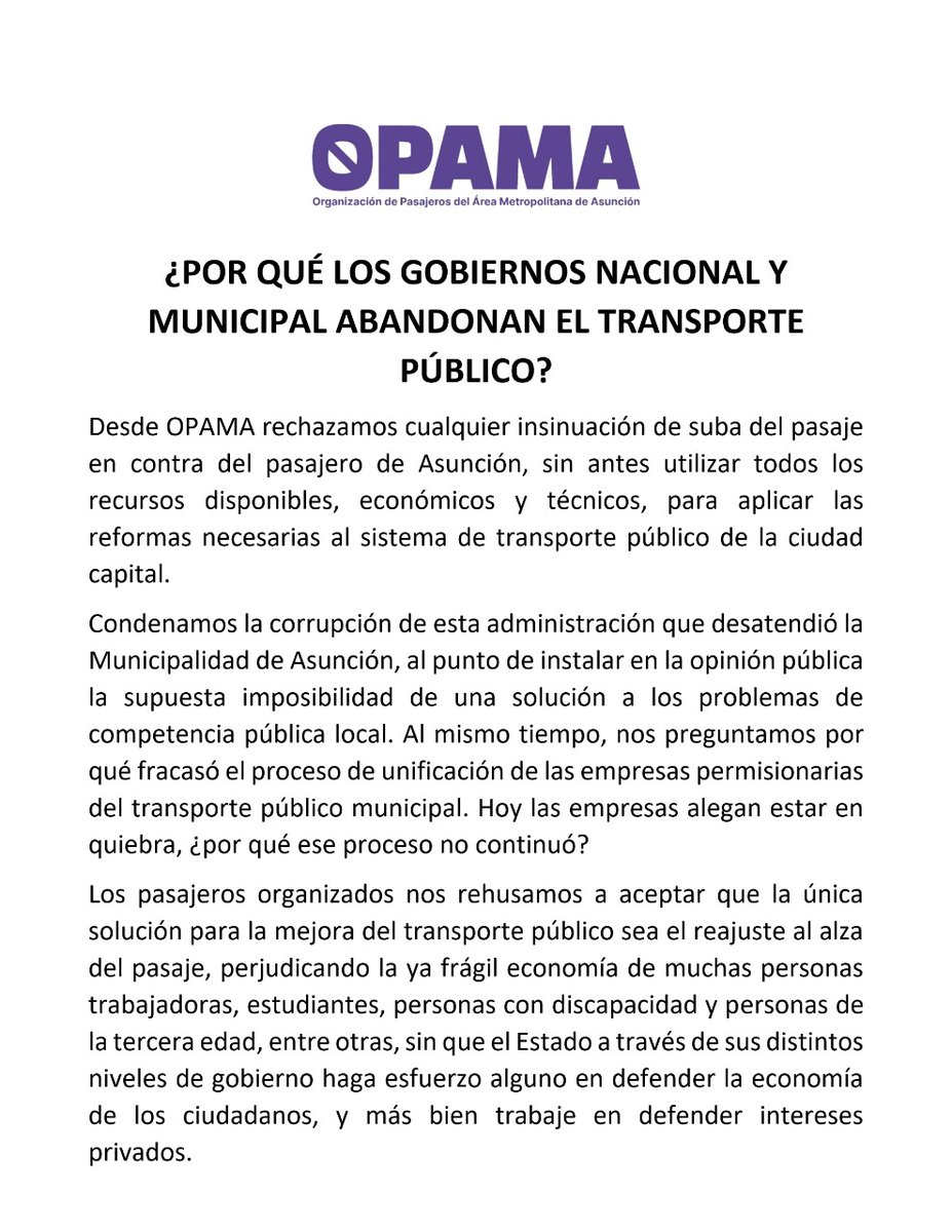 opama_py's tweet image. Los pasajeros repudiamos que la única “solución” a la crisis del transporte público en Asunción sea la suba del pasaje, medida que golpea la ya frágil economía de las familias trabajadoras.

Exigimos que el Estado atienda de manera urgente esta acuciante situación.