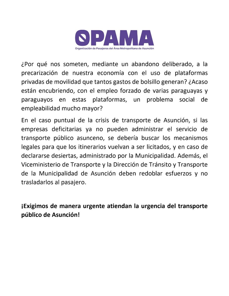 opama_py's tweet image. Los pasajeros repudiamos que la única “solución” a la crisis del transporte público en Asunción sea la suba del pasaje, medida que golpea la ya frágil economía de las familias trabajadoras.

Exigimos que el Estado atienda de manera urgente esta acuciante situación.