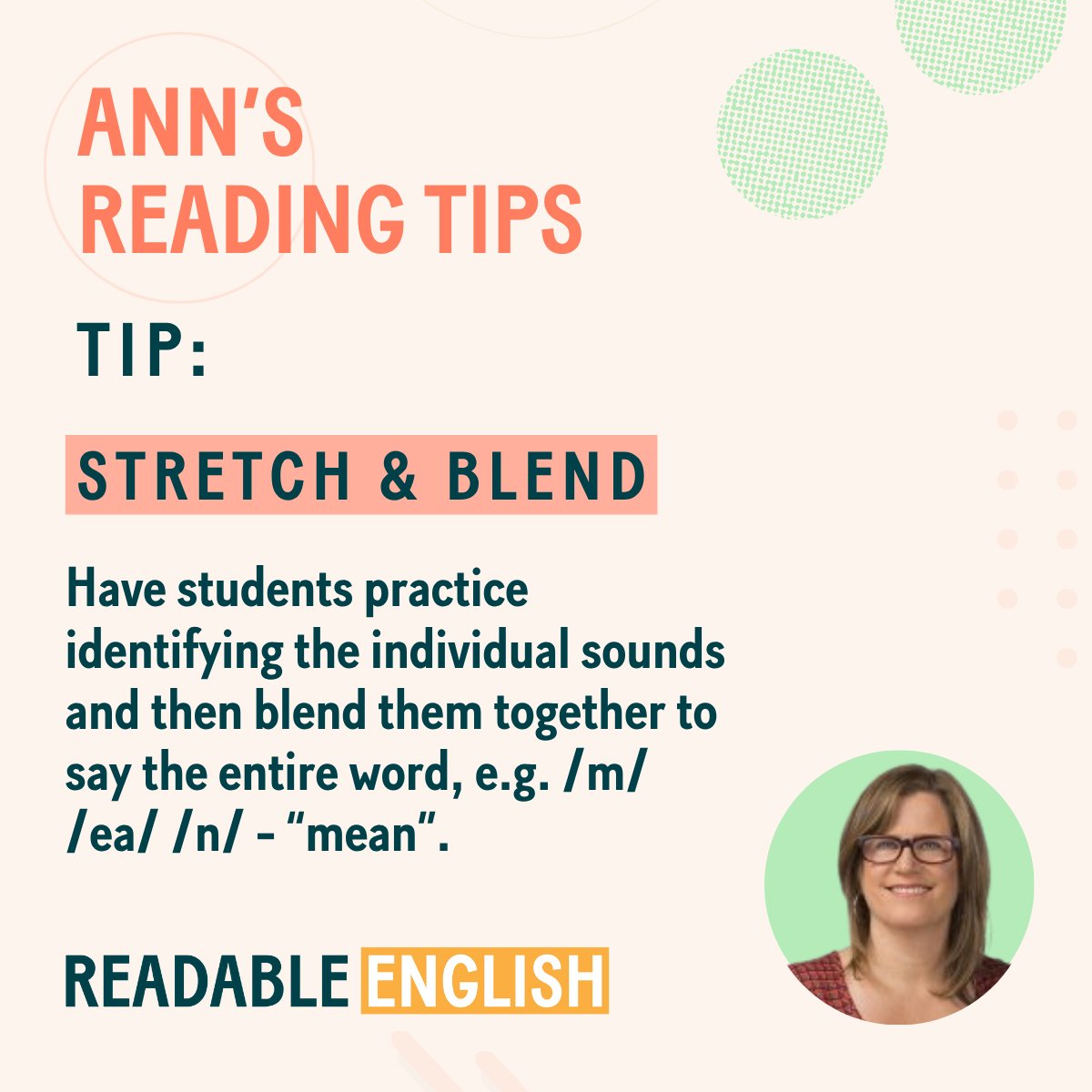 Readablenglish's tweet image. This month’s Reading Tip: Stretch &amp;amp; Bend
Have students identify each sound in a word, then blend them together to say the whole word. Practicing this skill helps learners connect sounds to letters and build smoother, more confident reading fluency.

#ReadingTips